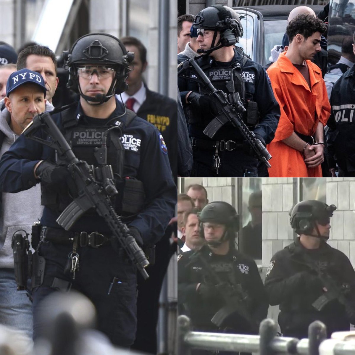 New York Police Department (NYPD) Emergency Service Unit (ESU) officers escorting the suspect accused of assassinating a Healthcare CEO, 2024.