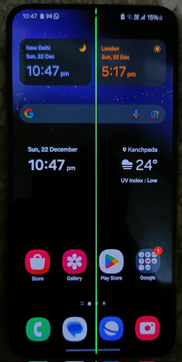 iamshresht's tweet photo. @SamsungIndia @SamsungMobile 
Weren't software updates provided to improve the performance? Weren't software updates supposed to solve the bugs instead of creating new one's? The latest software update has ruined the display of my S22+ display by causing a green line . https://t.co/RvP08szeRd