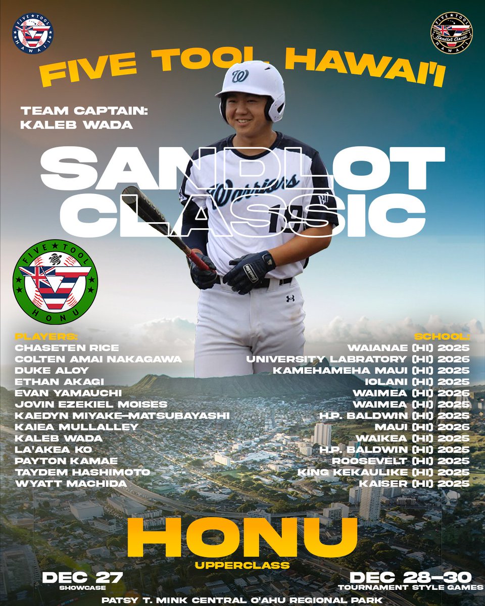 Upperclass <a href="/FiveTool/">Five Tool Baseball</a> Hawaii Sandlot Classic (<a href="/ClassicHawaii/">Hawaii Sandlot Classic</a>) teams

🐢Honu🐢
Team captain: Kaleb Wada (<a href="/Wada_Kaleb/">Kaleb Wada</a>)

Schedule » events.fivetool.org/events/five-to…

#WatchEm