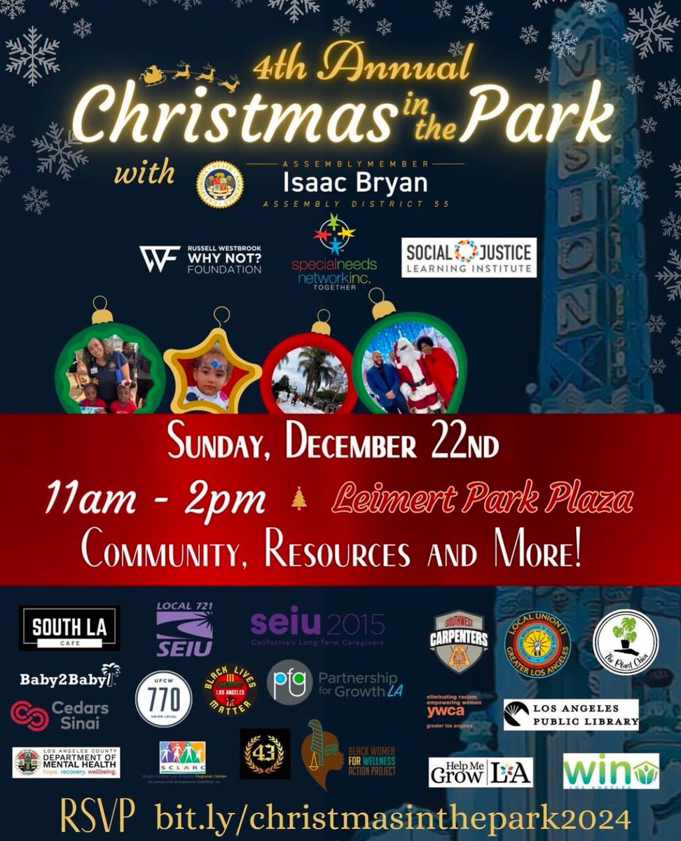 BLMLA's tweet photo. Free groceries and presents for the kids. SNOW in LA, music, and fun! Join us 11-2 in AfricaTown (Leimert) for Christmas in the Park! #BlackXmas #BlackLivesMatter https://t.co/o3O406KEiG