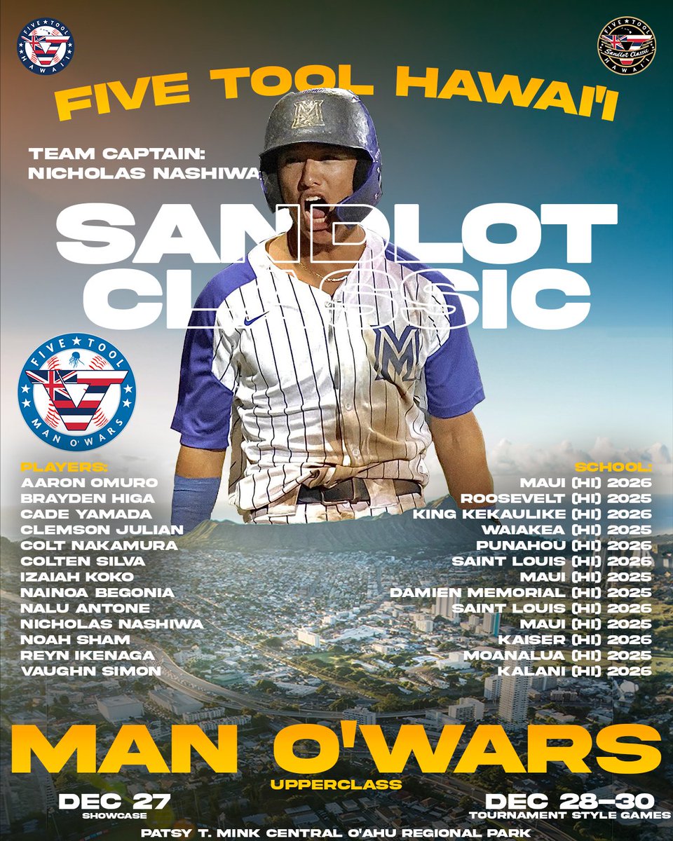 Upperclass <a href="/FiveTool/">Five Tool Baseball</a> Hawaii Sandlot Classic (<a href="/ClassicHawaii/">Hawaii Sandlot Classic</a>) teams

🪼Man O’ Wars🪼
Team captain: Nicholas Nashiwa (<a href="/nick_nashiwa07/">Nick Nashiwa</a>)

Schedule » events.fivetool.org/events/five-to…

#WatchEm