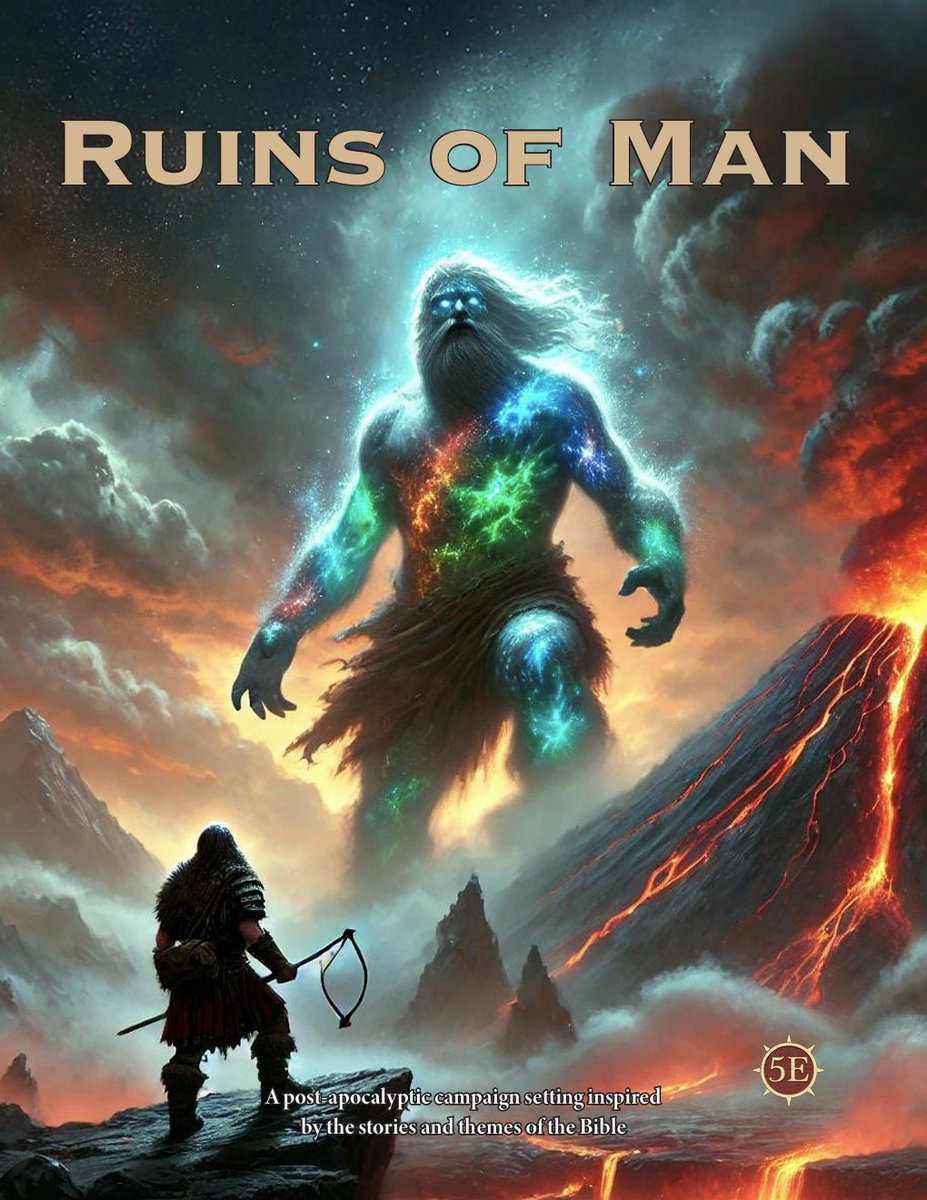 Spockwell's tweet photo. Thousands of years after one man's mistake brought hell and more crashing into earth, powerful saints guide mankind down a path of survival and redemption in a realm overrun by otherworldly monstrosities. Ruins of Man is a full-fledged, no-politics, Christian-friendly D&D setting featuring:
- 12 fleshed-out cities
- 24 original subclasses
- Over 100 quest ideas
- Hundreds of detailed NPCs and stat blocks
- Pages upon pages of gorgeous artwork, magic items, GMing advice, and everything you could possibly need to run amazing RPG games

Expect a massive sample PDF in January, with the Kickstarter to follow soon after. The world needs more old-fashioned stories of heroic virtue in the face of danger and despair: tell yours in Ruins of Man, coming 2025.
