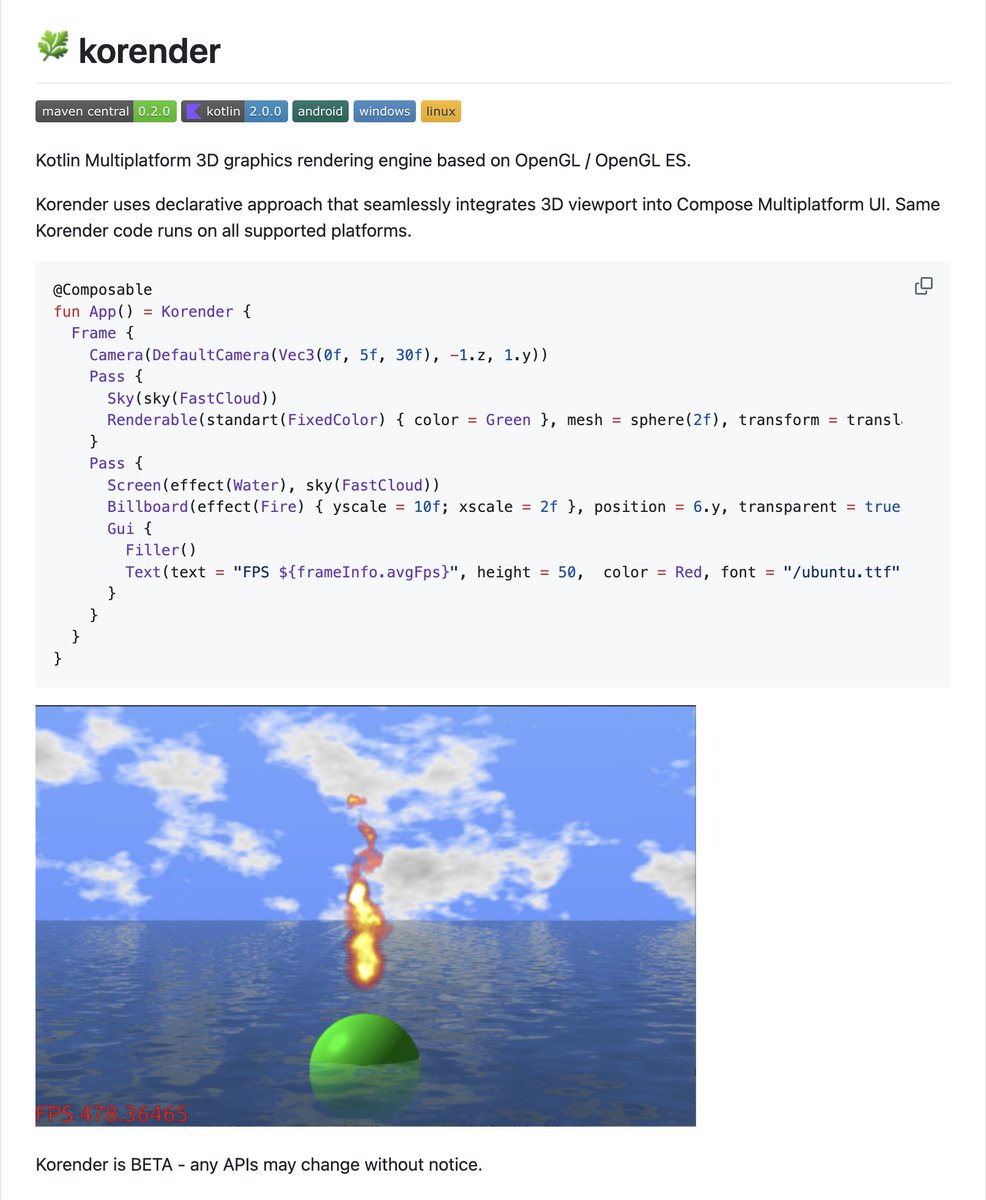 androiddevnotes's tweet photo. korender
(https://t.co/5bWKc27uRx)

Kotlin Multiplatform 3D graphics rendering engine based on OpenGL / OpenGL ES https://t.co/tpnPmsY12W