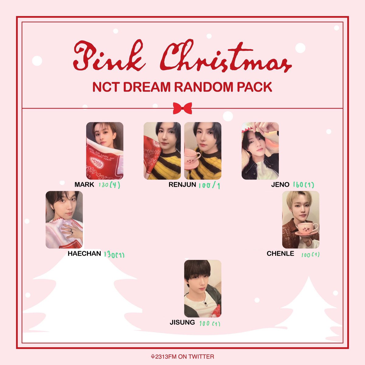 jaemmammy's tweet photo. pink christmas

set มาร์ค mark + เจโน่ 280 ฿
set all อินจุน  renjun  170 ฿ (หรือ อินจุน + มาร์ค ได้ค่ะ )
set มาร์ค mark + แฮชาน 200 ฿ 
🐹จีซอง jisung 100 ฿
🐬เฉินเล่อ chenle 100฿

จีซอง / เฉินเล่อ รับคู่มาร์ค + 60 ฿

ราคาทุกใบรวมส่ง dm @enjoysunsan 

#ตลาดนัดnct #ตลาดนัดnctdream https://t.co/S9gWUtfEwm