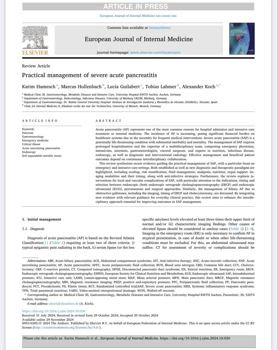Take a look at our last review on management of severe acute pancreatitis 🆕
🇩🇪🇪🇸 collaboration for <a href="/EJIM_journal/">European Journal of Internal Medicine</a> 

👉🏼 👉🏼sciencedirect.com/science/articl…