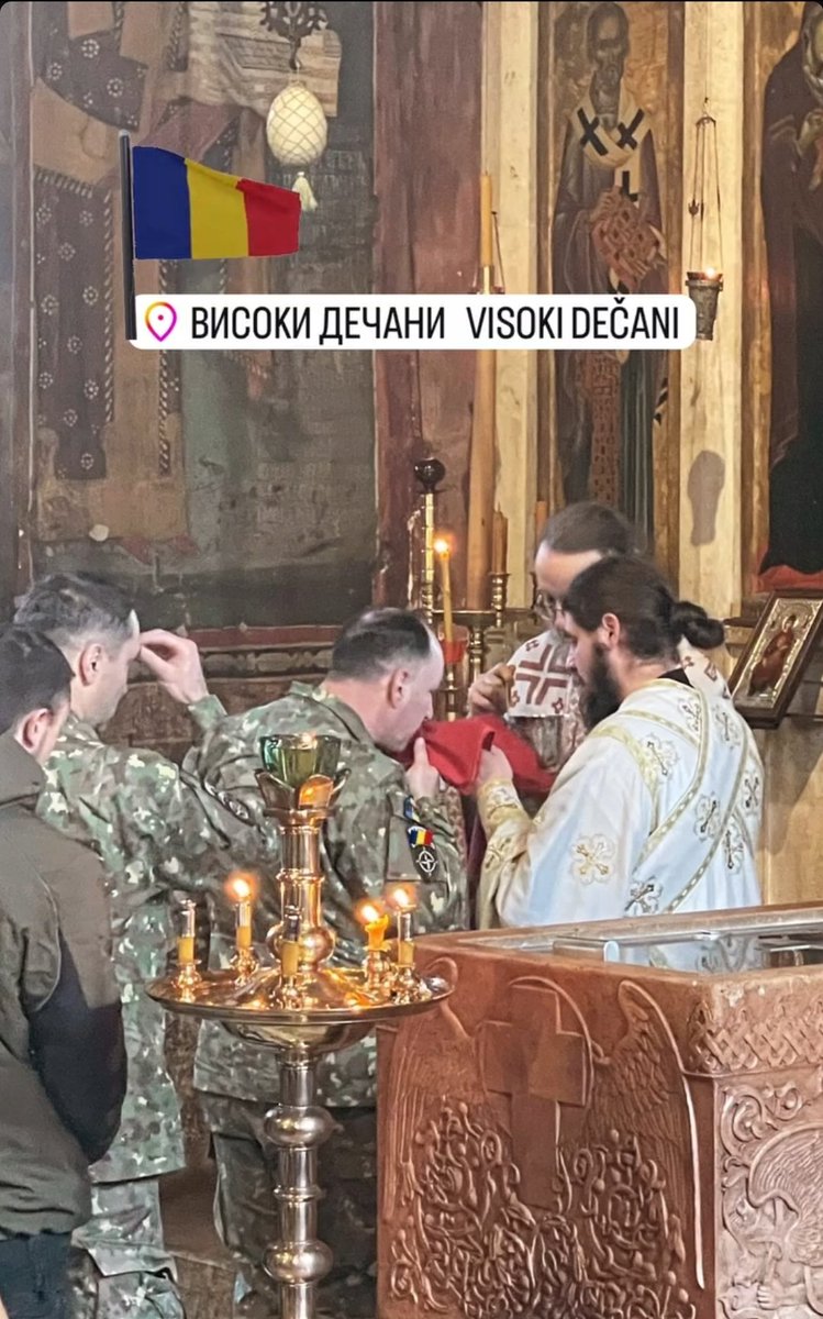 daily_romania's tweet photo. 🇷🇴🇷🇸 Romanian soldiers who take part in the KFOR mission in Kosovo, Serbia attend liturgy in the Serbian Orthodox monastery of Visoki Dečani

They know who that land belongs to https://t.co/T5dUgz2Hxo
