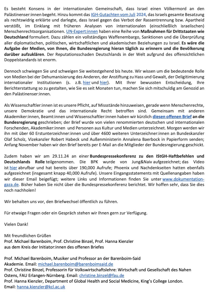 📢Unser Brief an deutsche Tageszeitungen: Die Medien haben bisher versagt, ihrer Rolle als vierte Gewalt gerecht zu werden und grundlegende journalistische Standards bei der Berichterstattung über Israels Genozid in #Gaza einzuhalten
Mit Prof. <a href="/christinebinzel/">Christine Binzel</a> + Prof. Barenboim🧵