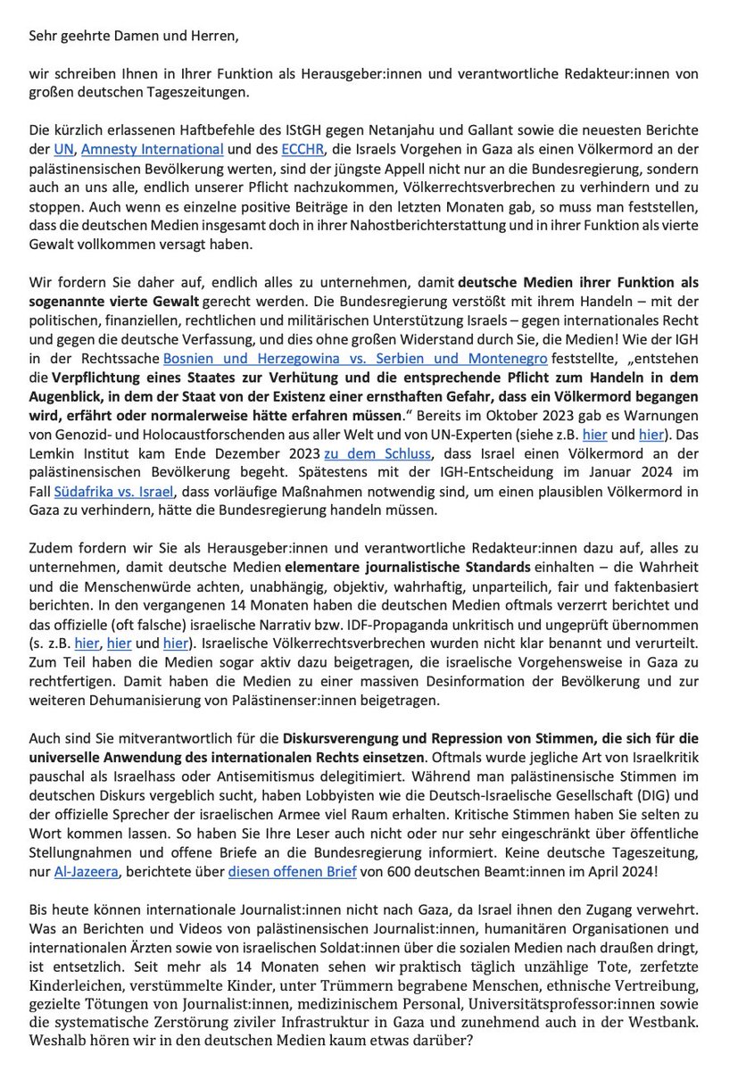 HannaKienzler's tweet photo. 📢Unser Brief an deutsche Tageszeitungen: Die Medien haben bisher versagt, ihrer Rolle als vierte Gewalt gerecht zu werden und grundlegende journalistische Standards bei der Berichterstattung über Israels Genozid in #Gaza einzuhalten
Mit Prof. @christinebinzel + Prof. Barenboim🧵 https://t.co/YHwZR2IO6s