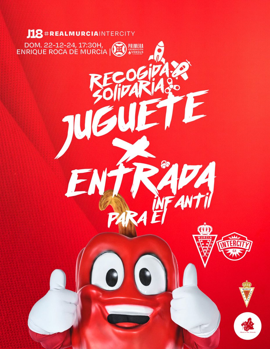 🎄⚽ ¡Hoy es día de partido y solidaridad!

🧸 En la previa del #RealMurciaIntercity participa en nuestra Recogida Solidaria de Juguetes en colaboración con <a href="/feperealmurcia/">FEPEMUR</a> en Puerta 0 (Junto a Tienda Oficial y sede de Fepemur).

🎁 Dona un juguete y recibe una entrada infantil