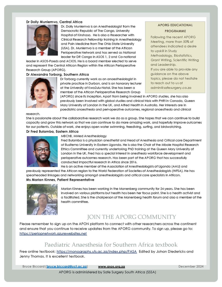 APORG (African Perioperative Research Group) (@africansos) on Twitter photo #APORG African Perioperative Research Group Board announcement
<a href="/BruceBiccard/">Bruce Biccard</a> <a href="/OwooChris/">Chris Owoo</a> <a href="/profmelfiky/">Mahmoud ElFiky, MD</a> <a href="/DollyMunlemvo/">Dolly Munlemvo</a> <a href="/alex_torborg/">Alexandra Torborg</a> <a href="/FBulamba/">Fredfly</a> Marian Kinnes #APORG African Perioperative Research Group Board announcement
<a href="/BruceBiccard/">Bruce Biccard</a> <a href="/OwooChris/">Chris Owoo</a> <a href="/profmelfiky/">Mahmoud ElFiky, MD</a> <a href="/DollyMunlemvo/">Dolly Munlemvo</a> <a href="/alex_torborg/">Alexandra Torborg</a> <a href="/FBulamba/">Fredfly</a> Marian Kinnes