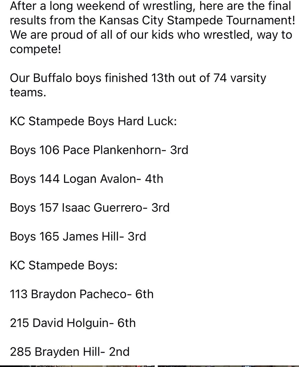 BUFFSAthletics's tweet photo. After a long weekend of wrestling, here are the final results from the Kansas City Stampede Tournament! We are proud of all of our kids who wrestled, way to compete! 

Our Buffalo boys finished 13th out of 74 varsity teams.

#1HERD https://t.co/Tm85fcOoMf