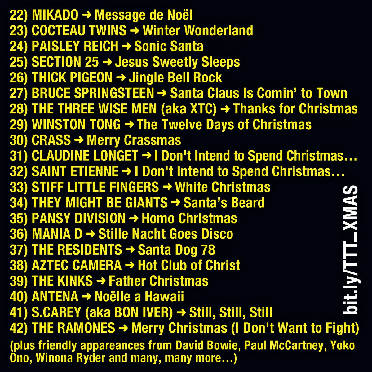 Come  fosse quel libro sui “Pittori vissuti tra il 1200 e il 1700” che da  anni ogni Natale passa da un parente/conoscente all’altro, pure  qui come ogni dicembre ricicliamo il nostro mixtape di “insolite  canzoni natalizie”… E tanti auguri. 🎄🎅 bit.ly/TTT_XMAS