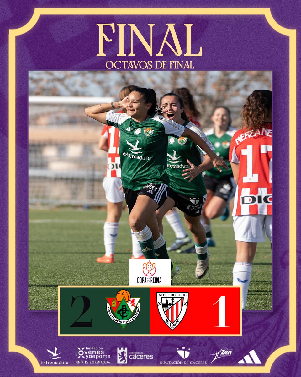 🔚90' ¡FINAAAAAAAALLLL DEL PARTIDO! ¡ESTAMOS EN CUARTOS DE FINAL DE LA COPA DE S.M. LA REINA!

⚽️ RANA

🏆#CacereñoFemAthleticClub 🟥💚 2-1 🔴