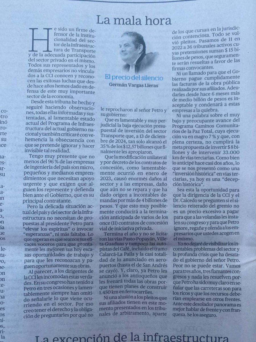 " Mala Hora" tuvieron los Ingenieros y las micro y pequeñas empresas de ingeniería, q hoy " defiende" <a href="/German_Vargas/">Germán Vargas Lleras</a> para atacar a <a href="/camaradelainfra/">Cámara Colombiana de la Infraestructura</a>, pero olvida q cuando fué " zar de la infraestructura" concentró la contratación con los embelecos de acabar los anticipos xq..Sigue