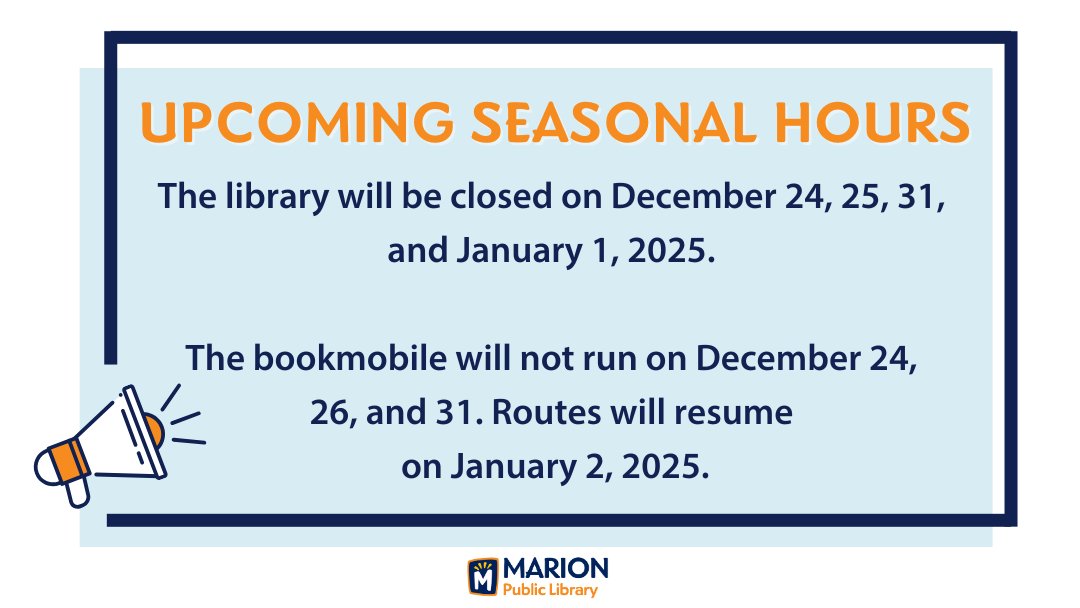mpliowa's tweet photo. ❄️Upcoming Seasonal Hours Announcement ❄️

📅 The library will be closed on 12/24, 12/25, 12/31, and 1/1/2025.

🚐 The bookmobile will not run on 12/24, 12/26, and 12/31. Routes will resume on 1/2/2025.

#LibraryHours #HolidaySeason #Bookmobile https://t.co/OtpvHYPP0P