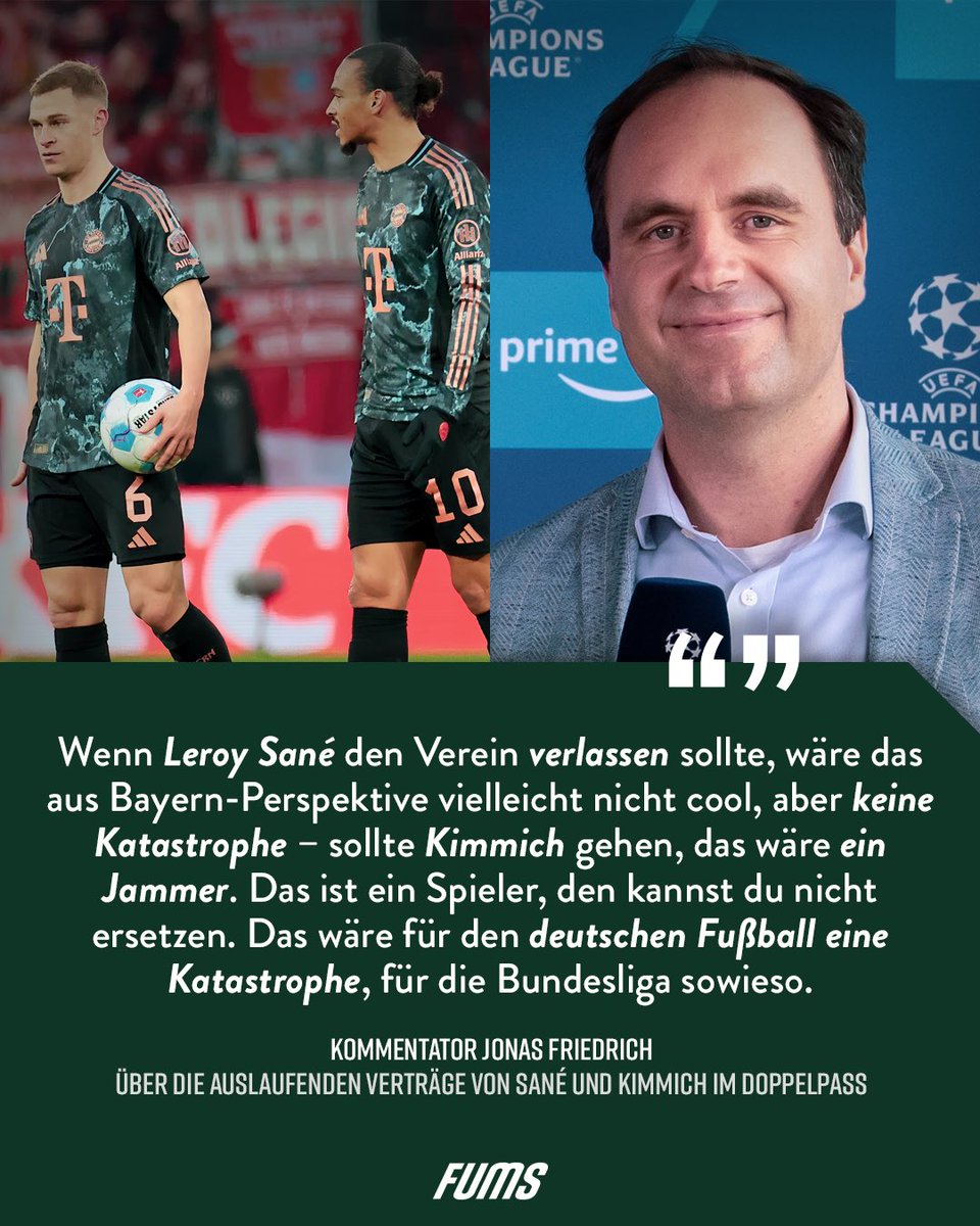 Stimmt ihr Jonas Friedrich zu? 👀 Spannend, wie sich Kimmichs öffentliches Standing innerhalb eines Jahres wieder verändert hat… #Sané #Kimmich #FCBayern
___
Keine Katastrophe: <a href="/fums_magazin/">FUMS</a>