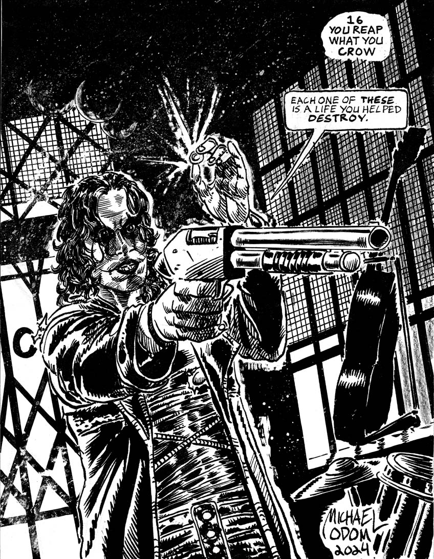 Night Sixteen of #drawlloween #inktober 2024: "You Reap What You Crow". #halloween #halloween2024 #drawlloween2024 #inktober2024 #thecrow #crow #ericdraven #jamesobarr #brandonlee