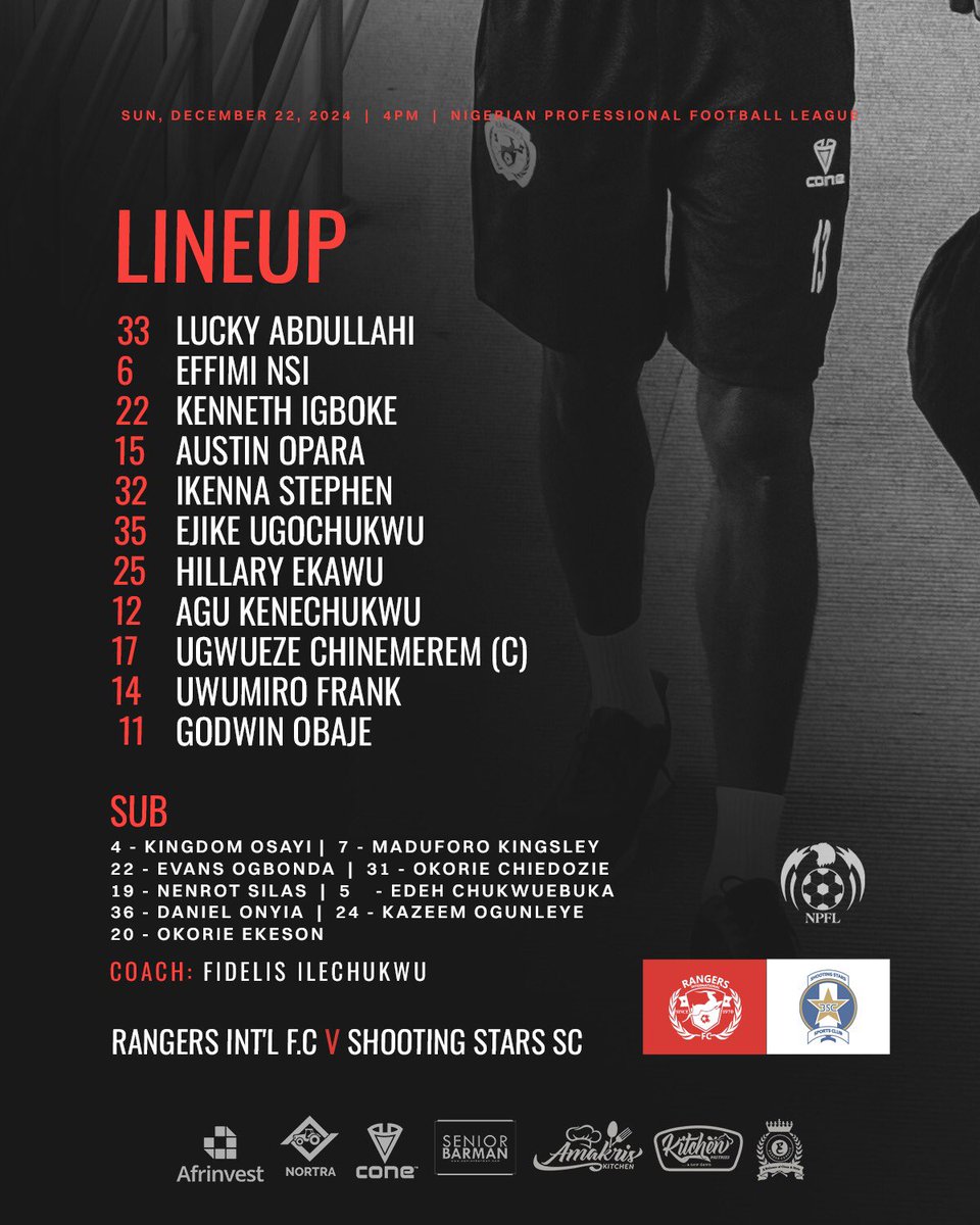 Rangers_Intl's tweet photo. Here’s our squad for today’s clash! 💪🏾⚽ Let’s get it!
#RAN3SC #NPFL25
#TeamList #GameDay https://t.co/xi9N5OTpD5