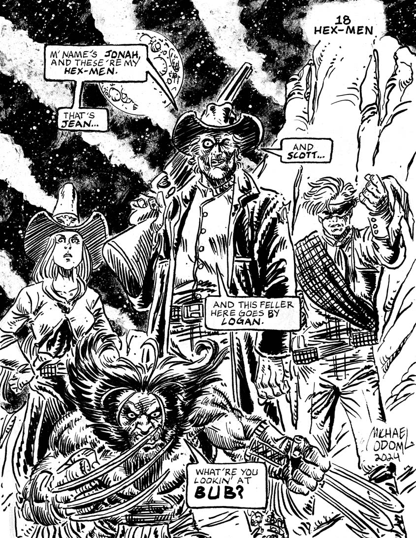 Night Eighteen of #drawlloween #inktober 2024: "Hex-Men". #halloween #halloween2024 #inktober2024 #drawlloween2024 #jonahhex #cyclops #jeangrey #wolverine #marvelcomics  #dccomics #amalgam #xmen #comicart #western