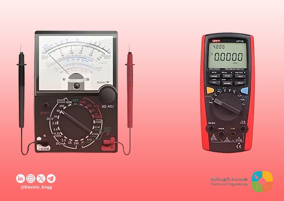 جهاز قياس الكميات الكهربائية المتعدد (Multimeter) ⚡

يُعد جهاز القياس المتعدد أداة أساسية للمهندسين والفنيين، يتميز بقدرته على قياس الجهد، التيار، والمقاومة. يتنوع بين الأنواع التناظرية والرقمية، ويُستخدم في تطبيقات متعددة مثل اختبار البطاريات، تمييز الأسلاك، وفحص اللوحات