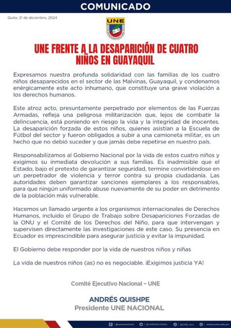 radio_pichincha's tweet photo. 🔴 #ATENCIÓN | La UNE se pronuncia sobre la desaparición de cuatro menores en #Guayaquil. Hace un llamado urgente a los organismos internacionales de Derechos Humanos "para que supervisen directamente las investigaciones de este caso" ⤵️ https://t.co/emF55xyl54
