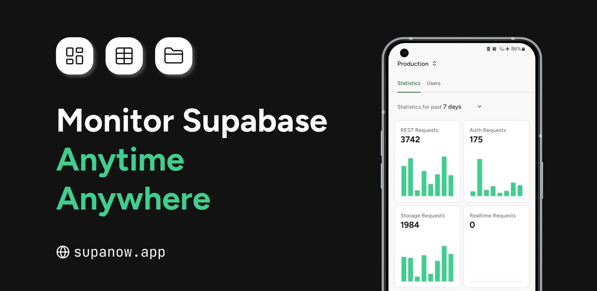 🎉 Supanow is officially LIVE on the Play Store!
Monitor your @Supabase projects, explore tables, track stats, browse storage objects, and more—all from your phone📱

👉 Download now: supanow.app
#Postgresql #Supabase #FlutterDev #AppLaunch