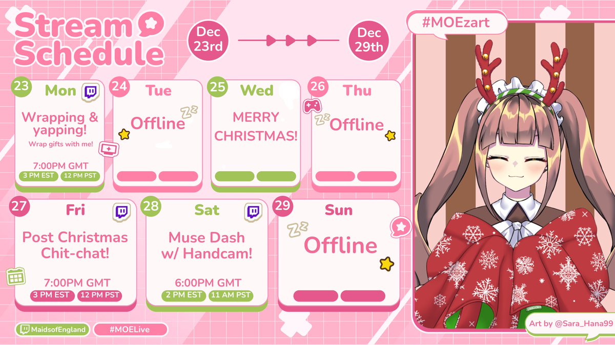 MaidMacaron_MOE's tweet photo. SCHEDULE for 23rd - 29th! ποΈ
Can you believe it's almost Christmas... It doesn't feel real! Are you excited MOEtakus?? β¨
#MOELive #Schedule https://t.co/MB6zAxRNqC