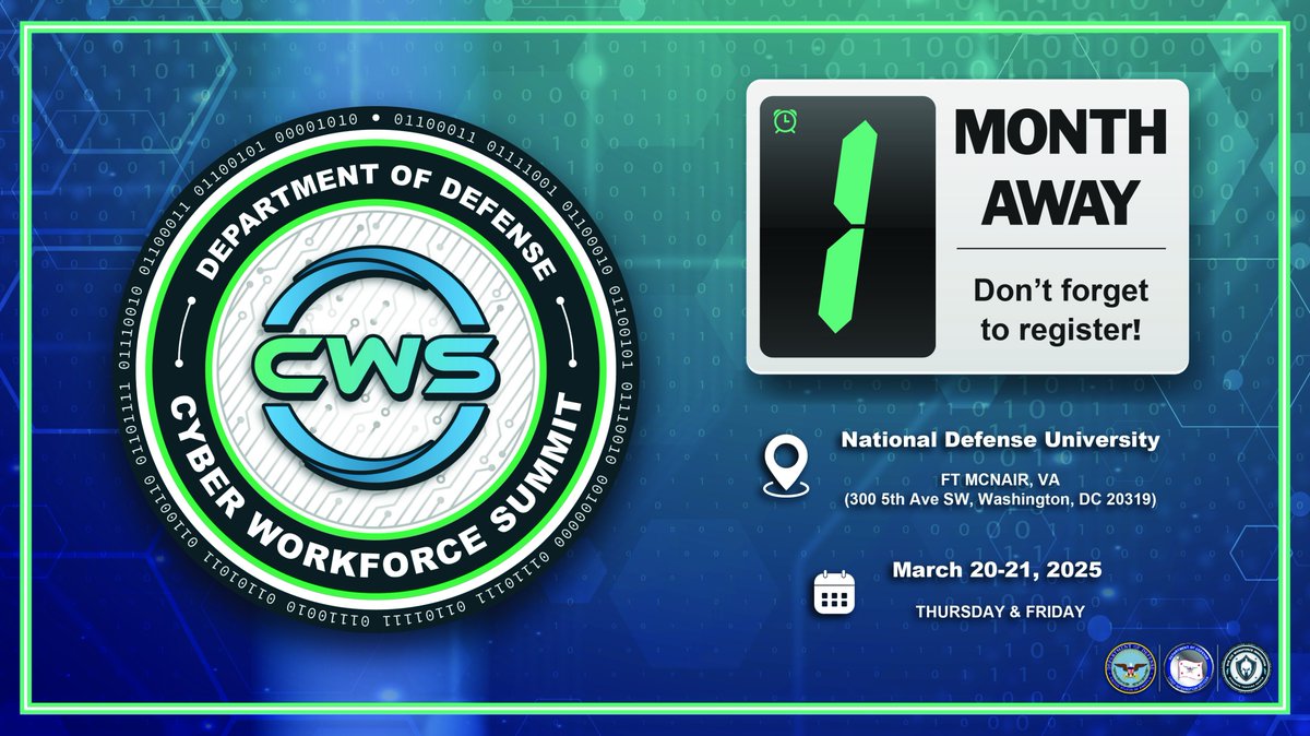 FINAL REMINDER! The DoD CWS is one  month away!

Make arrangements to attend via https://t.co/8OSjBUmiMW, &amp; consider the following:

How do DoD 8140 policy updates impact   professional development, peer accountability, &amp; managing strategies?  Tell us in the comments! https://t.co/vO9m5ugoCu