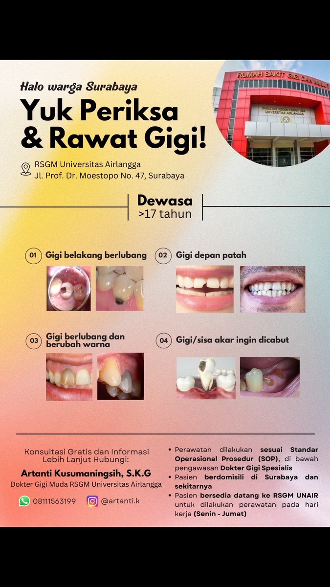 Haloo buat warga Surabaya dan sekitarnya yang punya masalah gigi berikut atau mungkin masalah gigi lainnya bisa yukk hubungi aku 😊

Perawatan akan tetap sesuai SOP Dokter Gigi dengan harga yang lebihhh murahh meriahh 

#surabaya #doktergigi #koasgigi #pasien #sakitgigi #murah