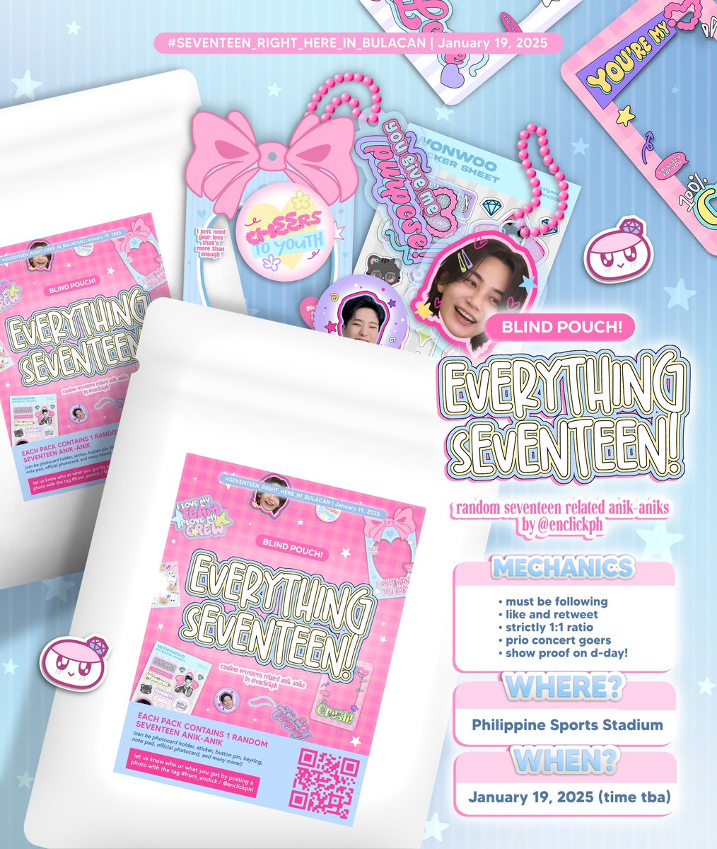 enclickph's tweet photo. :¨·.·¨: 
 `·.. everything seventeen! 
— fan support by @enclickph

🗓 jan. 19, 2025
📍philippine sports stadium
🕛 time &amp; exact loc (tba)

limited quantity only! 💎
#SEVENTEEN_RIGHT_HERE_IN_BULACAN 
#SVT_RIGHT_HERE_IN_BULACAN https://t.co/ctiGoJY3T0