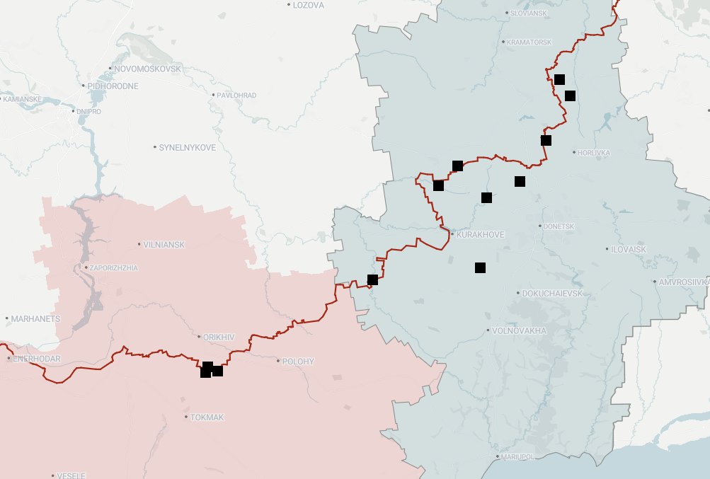 Most of the incidents we were able to geolocate took place in Donetsk Oblast (blue), with the remaining three taking place in Zaporizhzhia Oblast (red). 

We've identified that these executions are occurring in fluid parts of the front, where Russian forces are advancing.