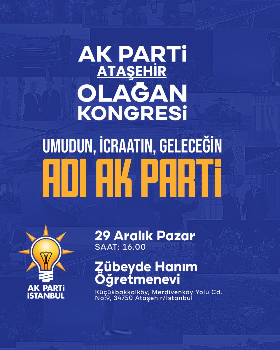 29 Aralık Pazar günü gerçekleştireceğimiz Ataşehir Olağan İlçe Kongremizde, İlçe Başkan Adayımız olan değerli İlçe Başkanımız <a href="/burakcifci34/">Burak ÇİFCİ</a> kardeşimizi tebrik ediyor; bu önemli demokrasi şölenimizin ilçemize, teşkilatımıza ve İstanbul’umuza hayırlı olmasını temenni ediyorum.