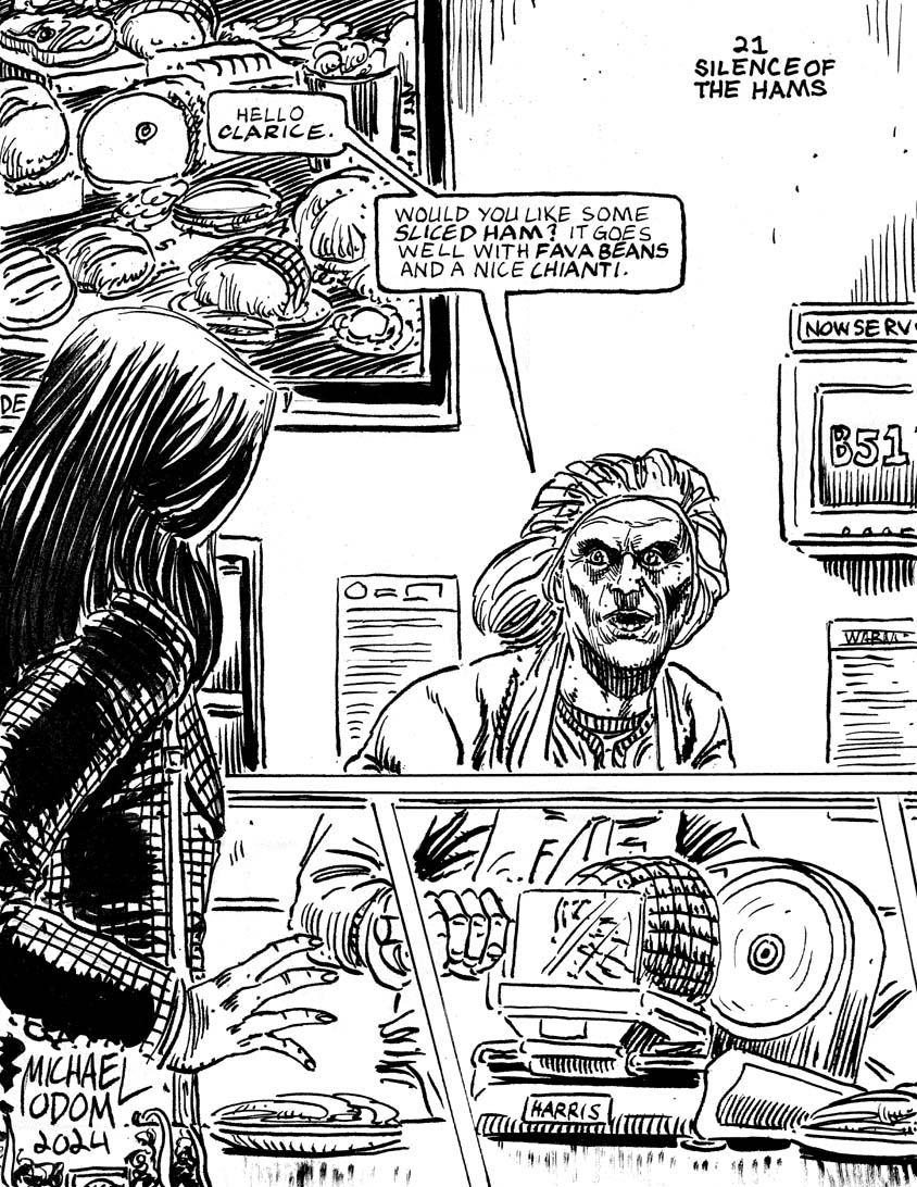 Night Twenty One of #drawlloween #inktober 2024: "Silence of the Hams". #halloween #halloween2024 #drawlloween2024 #inktober2024 #thesilenceofthelambs #hanniballecter #claricestarling #deli #hannibal #horror