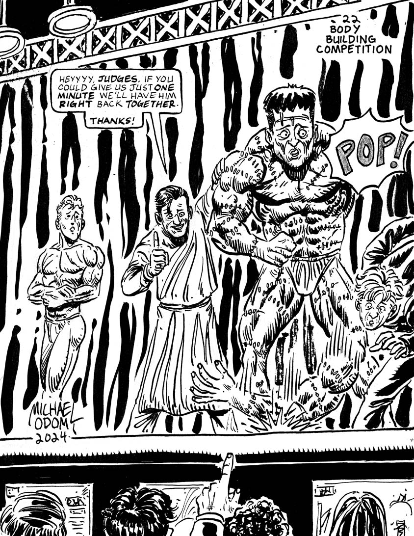 Night Twenty Two of #drawlloween #inktober 2024: "Body Building Competition". #halloween #halloween2024 #frankenstein #doctorfrankenstein #frankensteinsmonster #bodybuilding #gains #igor #competition #stitches #universalmonsters