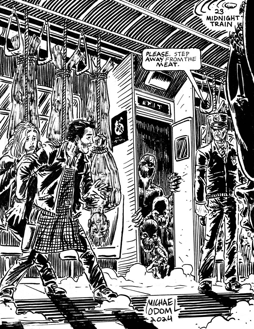 Night Twenty Three of #drawlloween #inktober 2024: "Midnight Train". #halloween #halloween2024 #drawlloween2024 #inktober2024 #themidnightmeattrain #horror #subway #conductor #clivebarker #booksofblood #serialkiller #butcher #ryuheikitamura #meat