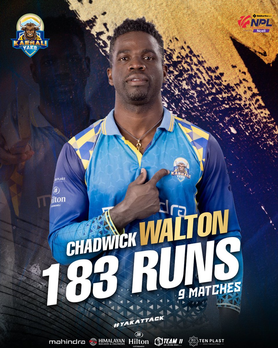 KarnaliYaks's tweet photo. Consistency and power at its best! Chadwick Walton adds immense value to our squad with 183 runs in just 9 matches. ππͺ
#YakAttack #KarnaliYaks #SBLNPL #NepalCricket #Mahindra #Agnigroup #KarnaliYaksSquad #Team11 #TenPlast #HiltonKathmandu https://t.co/BH3tzMq61b