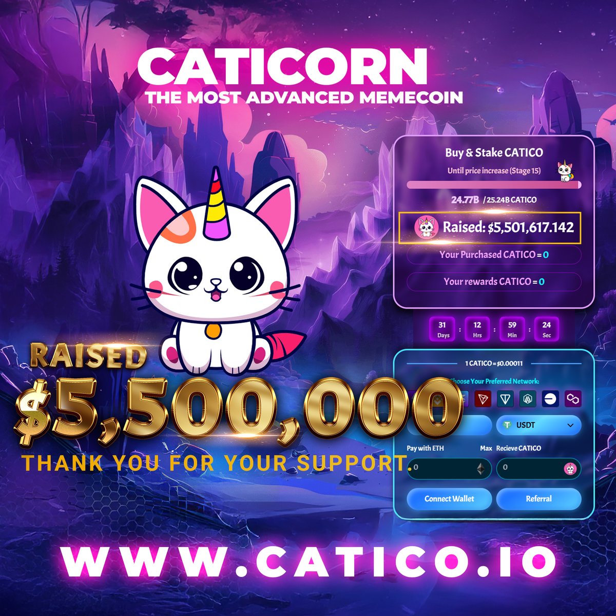 Caticornmeme's tweet photo. 🚀 $5.5 MILLION AND STILL GROWING! 🚀

The CATICORN community is rewriting the rules of crypto with $5,501,617.142 raised! 🐱✨
This is not just a meme coin; it's the most advanced memecoin with limitless possibilities in Web3, Play-to-Earn, and DeFi.
⏳ Don't wait!
The presale is on fire, and the price is set to increase soon. Be part of this incredible journey and secure your CATICO tokens today!

🔗 Join us now: https://t.co/Lid8TokoaQ
🔥 Together, we’re creating the future of blockchain and gaming!
#Crypto #Caticorn #MemeCoin #PlayToEarn #DeFi #Web3 #TokenPresale #NFTs #GameFi #Altcoin #CryptoCommunity #BlockchainGaming #CryptoNews