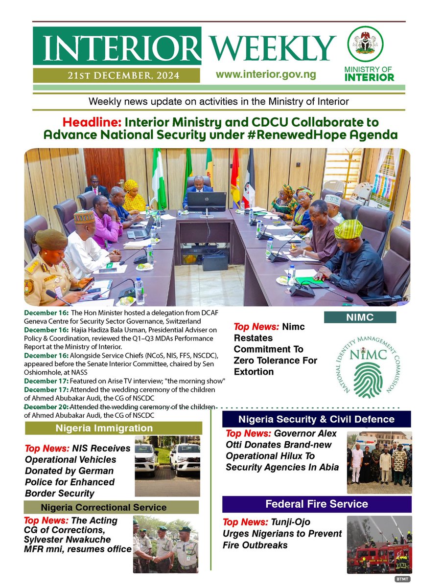 prettytee44's tweet photo. This week, Hon. Olubunmi Tunji-Ojo, Nigeria's Minister of Interior, continued his proactive leadership. Here is the updated weekly activities from 14th-20th December,  2024. https://t.co/vyKD8LYcOV
