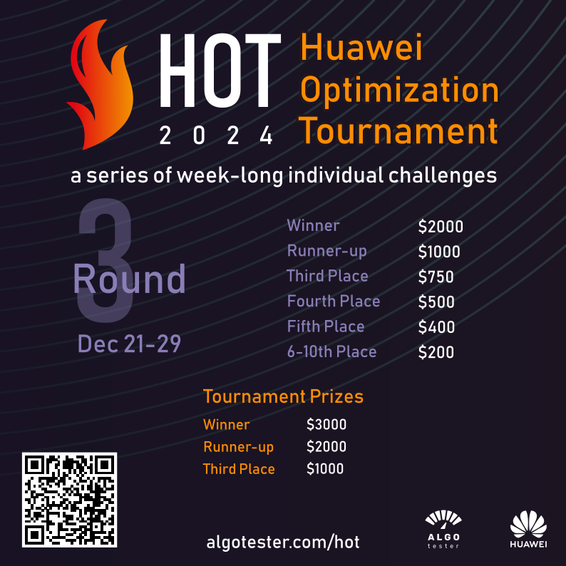 algotester's tweet photo. Останній раунд оптимізаційного турніру HOT 2024 вже триває!

Долучайтесь до змагань та отримайте шанс на грошову винагороду!

Дізнатися більше про змагання, переглянути результати попередніх етапів або зареєструватися можна на офіційній сторінці турніру: https://t.co/l1kteGQ74Q. https://t.co/vCrpYrjekV