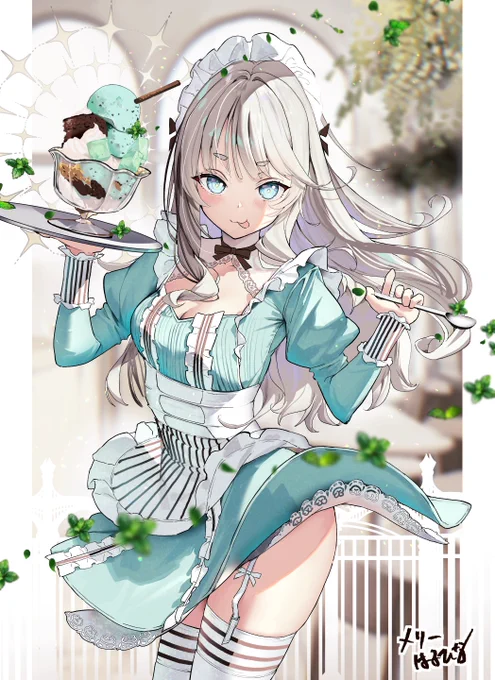 #イラスト #オリジナル Cafe1001のチョコミントパフェが食べたい! 珍しくオリジナルイラスト描いてみたので見て貰えると嬉しいです