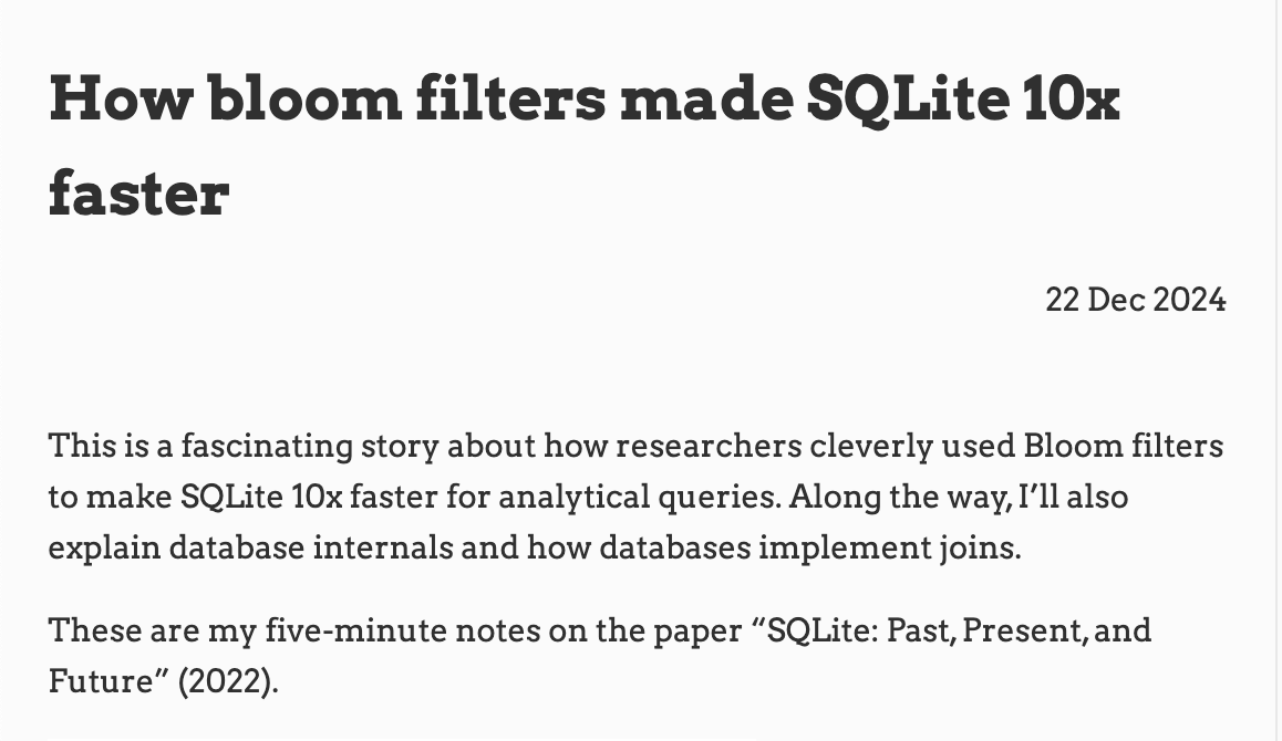 iavins's tweet image. Published a new blog post: How Bloom Filters Made SQLite 10x Faster

Bloom filters are awesome. Here&apos;s an academic-industrial research story where using Bloom filters made SQLite faster for analytical queries.