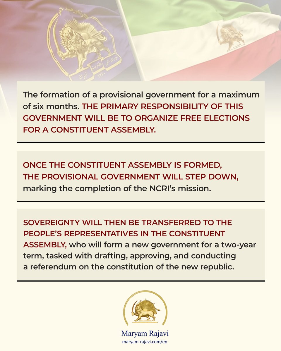 Maryam_Rajavi's tweet photo. The National Council of Resistance of Iran (#NCRI) does not seek to seize power but rather to restore it to its rightful owners: the people of #Iran.
According to the NCRI’s platform, formally announced in 1981, after the regime’s overthrow, the transfer of power will involve: