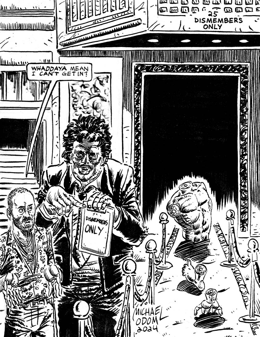 Night Twenty Five of #drawlloween #inktober 2024: "Dismemebers Only". #halloween #halloween2024 #drawlloween2024 #inktober2024 #leatherface #TexasChainsawMassacre #dismemeber #membersonly #club #horror #monster #moviemonster