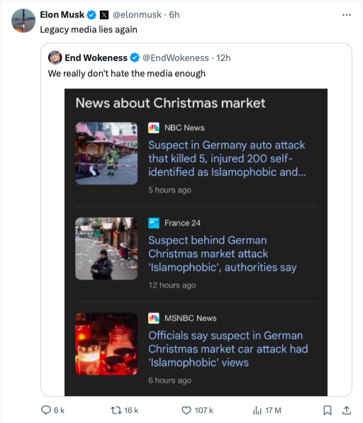 Des nouvelles d'Elon Musk le "génie": quand la réalité ne lui convient pas, c'est un mensonge.
Simple.
Les qualités humaine valorisées dans notre société permettent à une personne ainsi câblée de devenir l'homme le plus riche de tous les temps.
🙃