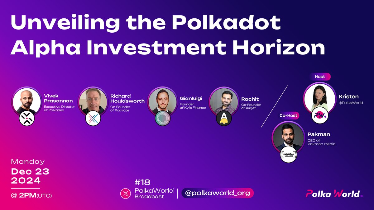 📢 Broadcast Alert:

Say goodbye to 2024 and get ready for 2025!
Let’s discuss next year’s key Alpha investment opportunities in <a href="/Polkadot/">Polkadot</a> before Christmas!

Time：
2PM UTC 23 DEC 2024

Cohost：
PakMan <a href="/Pakm2n/">PakMan</a>  :CEO of <a href="/PakmanMedia/">Pakman Media</a> 

Guest：
-Vivek Prasannan <a href="/vivekprasannan/">Vivek Prasannan</a> :