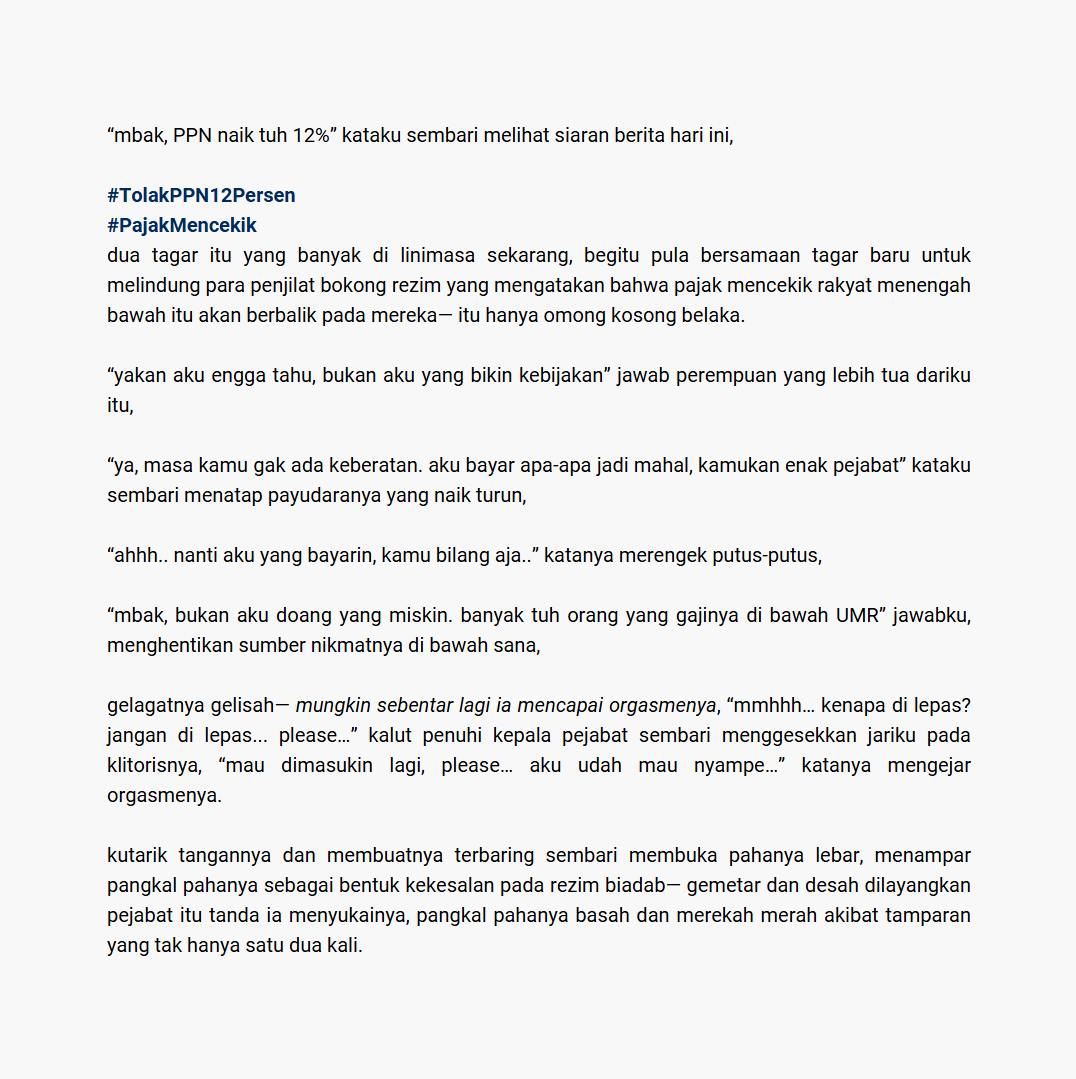 biduanlntrovert's tweet photo. cerita tentang mbak pejabat dan mbak dengan ekonomi menengah ke bawah.

tags: wuhluhwuh, porno, me back again with my stensilan lesbian.

jangan lupa,
#TolakPPN12Persen
#PajakMencekik https://t.co/ai8nHOefYD