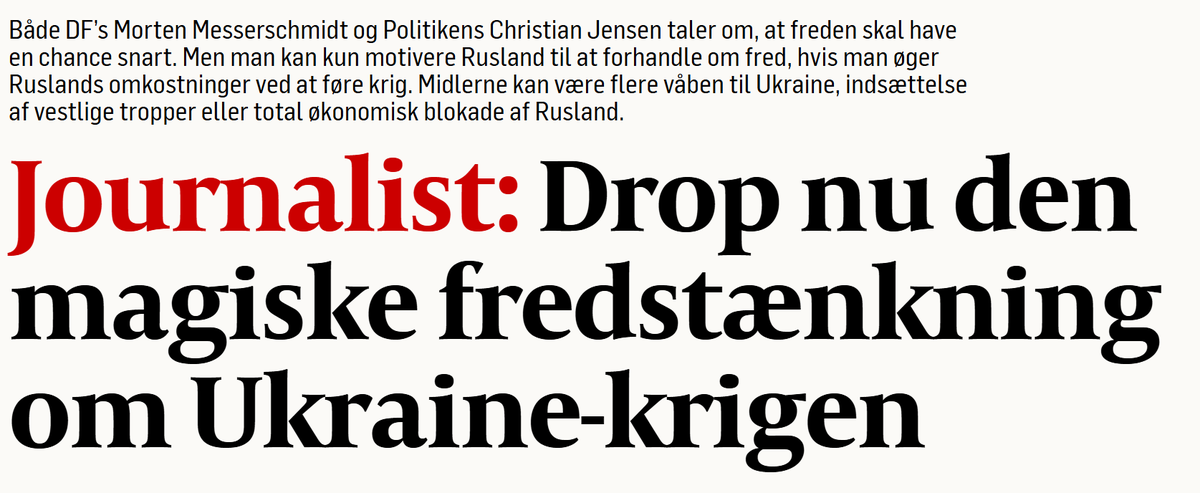 Man kan kun motivere Rusland til at forhandle om fred, hvis man øger Ruslands omkostninger ved at føre krig.
- kronik af mig i Politiken. Link i kommentar