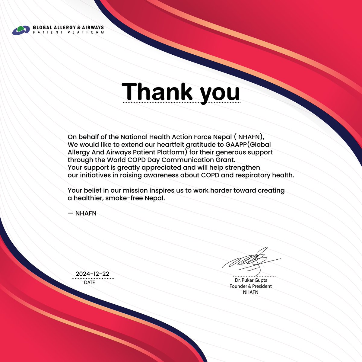 nhafnteam's tweet photo. Thank You, @gaapporg
With heartfelt gratitude, we acknowledge the Global Allergy & Airways Patient Platform (GAAPP) for their invaluable support through the World COPD Day Communication Grant.
#NHAFN #GAAPP #WorldCOPDDay #BreatheEasyNepal #BreatheFreeNepal #COPDAwareness https://t.co/at5oQ1iwmz