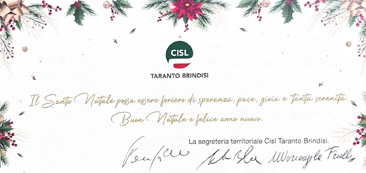 CislTaBr's tweet photo. #SantoNatale2024 #Felice2025 #Auguri dalla #SegreteriaTerritoriale @CislTaBr @gianfr_solazzo @FrulliM @AntonioBaldas18  #speranza #pace #gioia #serenità @CislNazionale @CislPuglia https://t.co/KoaylJdsG5