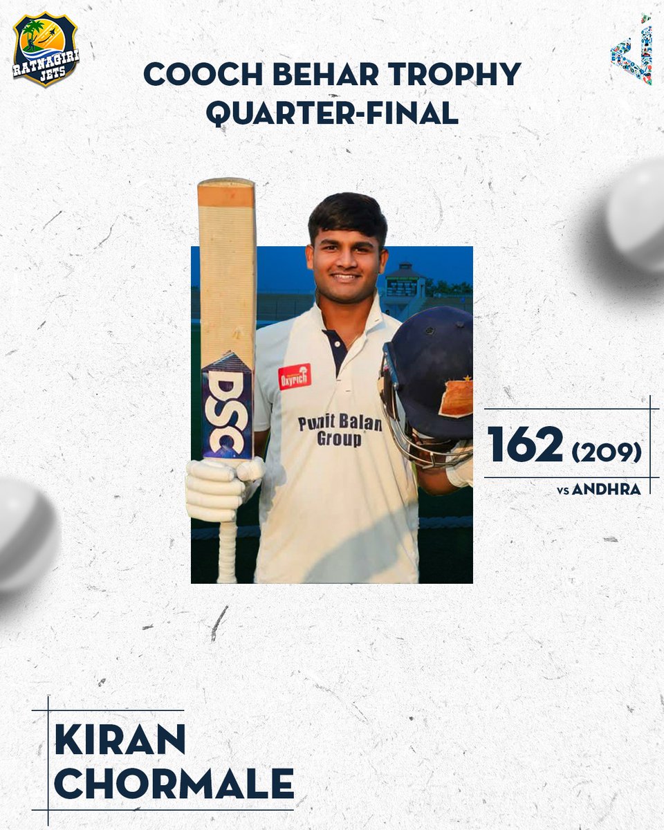 RatnagiriJets's tweet photo. Kiran sets the opening day of Quarter-Final on 🔥

#RatnagiriJets #AataItihaasGhadel #GoJets #Cricket #CoochBeharTrophy https://t.co/ZEdUJPSIjN